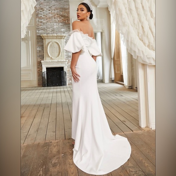 NWT - Giffniseti Off Shoulder Contrast Mesh Mermaid Hem Wedding Dress Sz 6 - Picture 3 of 3